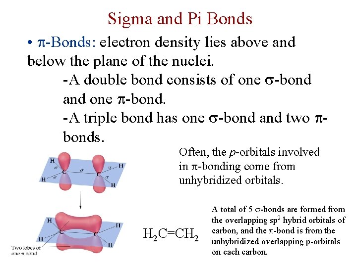 Sigma and Pi Bonds • -Bonds: electron density lies above and below the plane