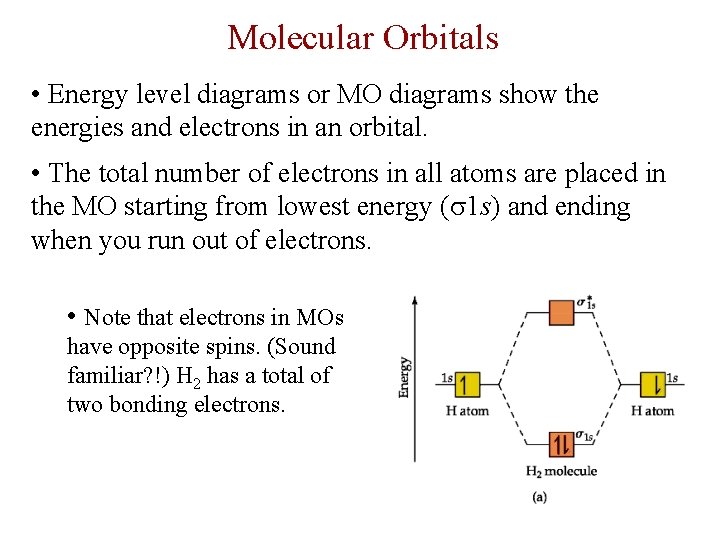 Molecular Orbitals • Energy level diagrams or MO diagrams show the energies and electrons