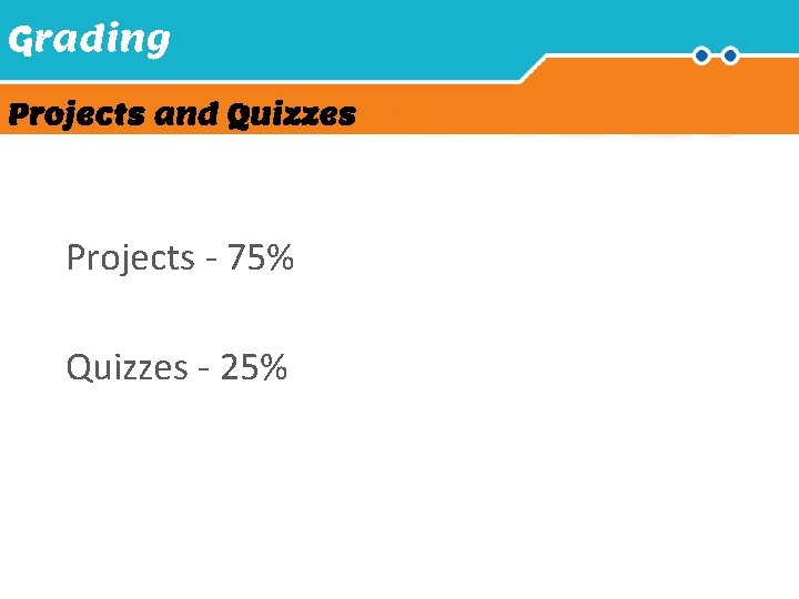 Grading Projects and Quizzes Projects - 75% Quizzes - 25% 