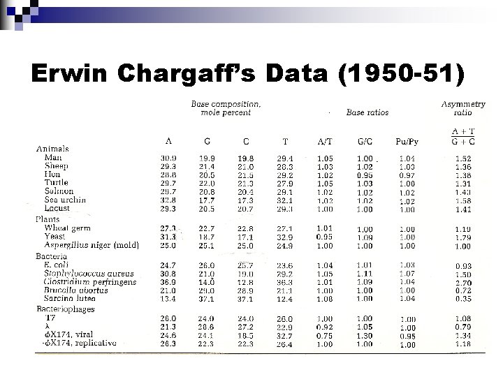 Erwin Chargaff’s Data (1950 -51) 