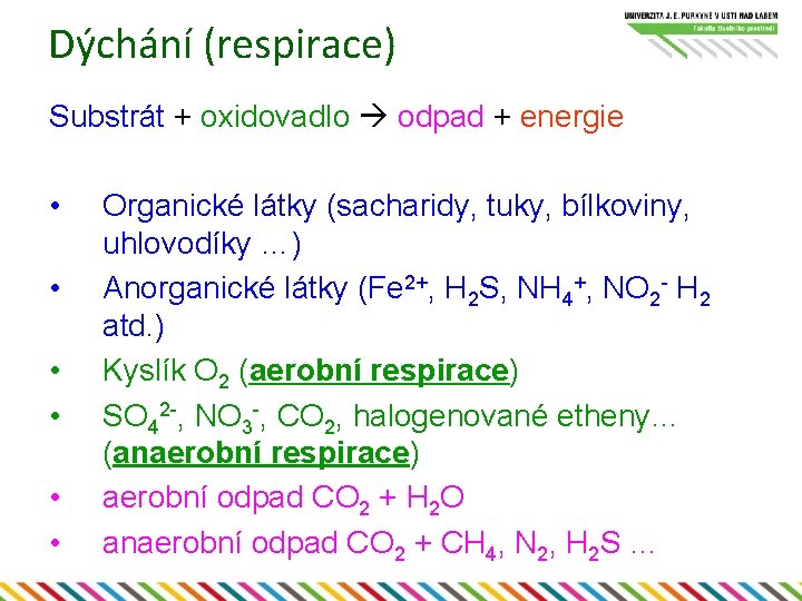 Dýchání (respirace) Substrát + oxidovadlo odpad + energie • • • Organické látky (sacharidy,