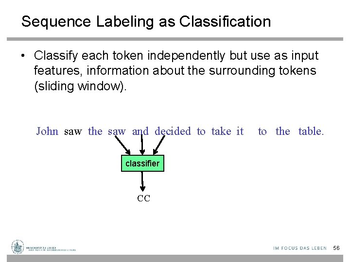 Sequence Labeling as Classification • Classify each token independently but use as input features,