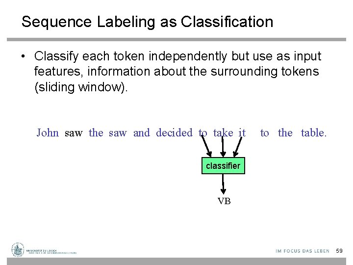 Sequence Labeling as Classification • Classify each token independently but use as input features,
