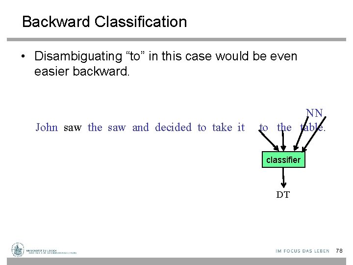 Backward Classification • Disambiguating “to” in this case would be even easier backward. John