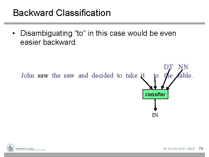 Backward Classification • Disambiguating “to” in this case would be even easier backward. John