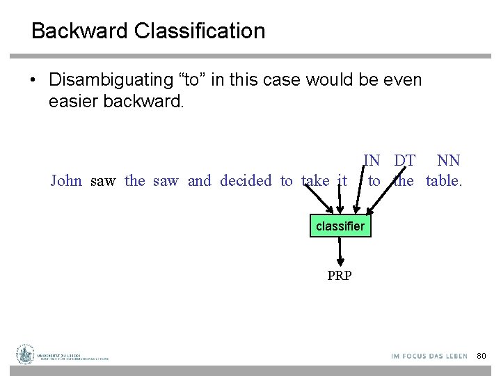 Backward Classification • Disambiguating “to” in this case would be even easier backward. IN