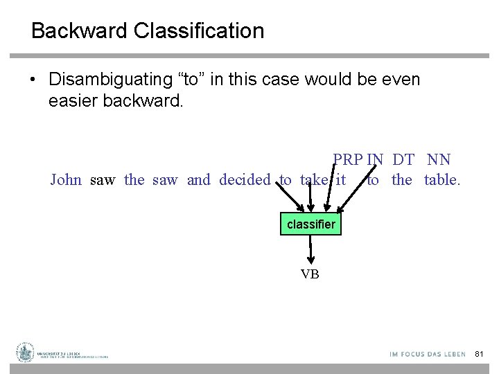 Backward Classification • Disambiguating “to” in this case would be even easier backward. PRP