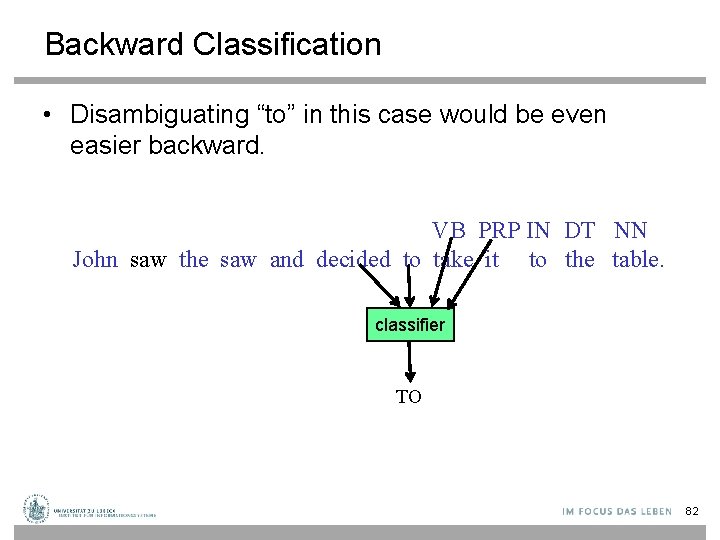 Backward Classification • Disambiguating “to” in this case would be even easier backward. VB