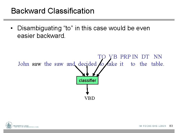 Backward Classification • Disambiguating “to” in this case would be even easier backward. TO