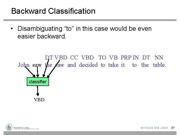 Backward Classification • Disambiguating “to” in this case would be even easier backward. DT