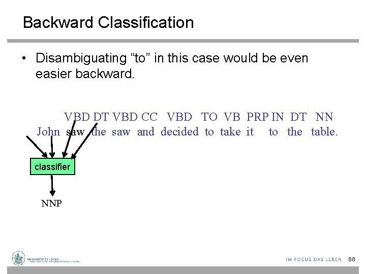 Backward Classification • Disambiguating “to” in this case would be even easier backward. VBD