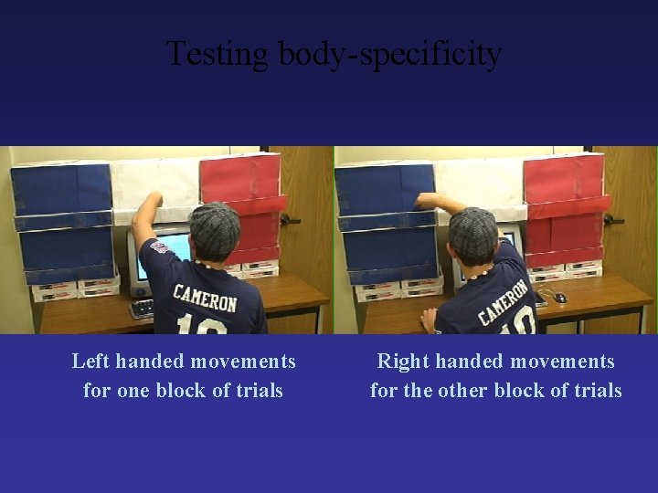 Testing body-specificity Left handed movements for one block of trials Right handed movements for