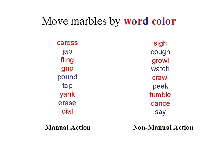 Move marbles by word color caress jab fling grip pound tap yank erase dial