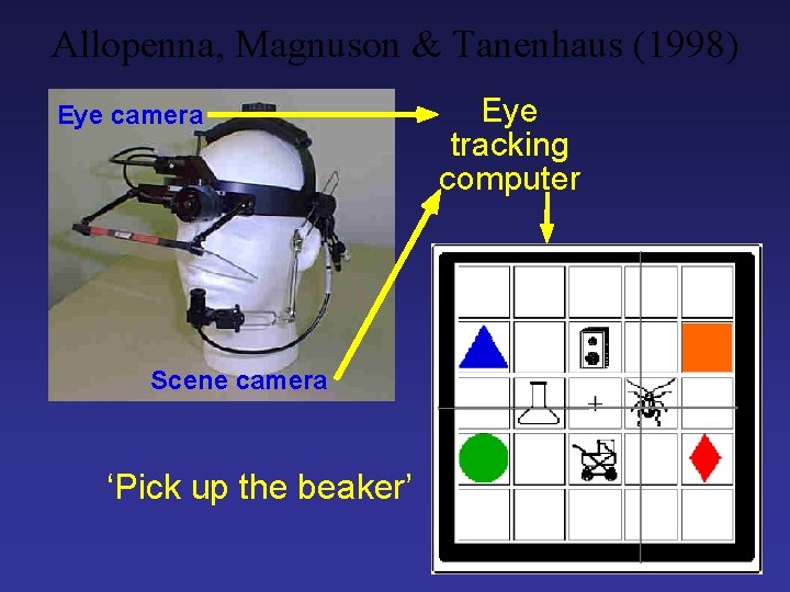 Allopenna, Magnuson & Tanenhaus (1998) Eye camera Scene camera ‘Pick up the beaker’ Eye
