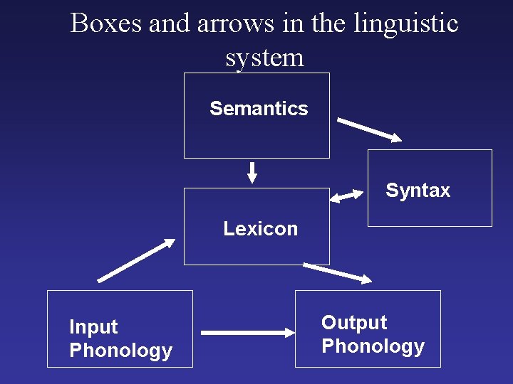 Boxes and arrows in the linguistic system Semantics Syntax Lexicon Input Phonology Output Phonology