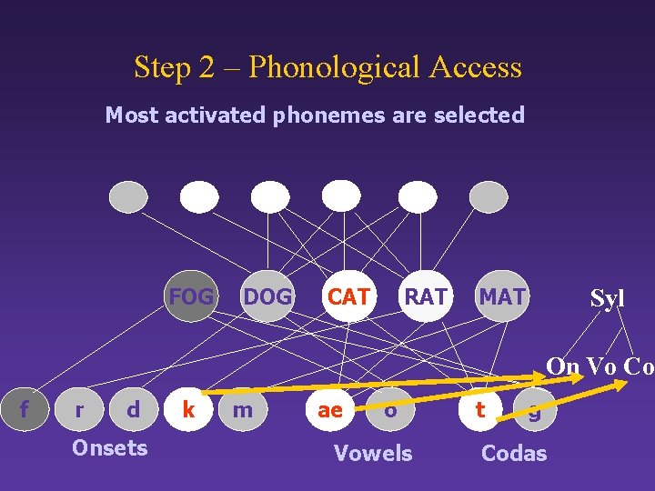 Step 2 – Phonological Access Most activated phonemes are selected FOG DOG CAT RAT