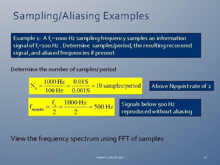 Sampling/Aliasing Examples Example 1: A fs=1000 Hz sampling frequency samples an information signal of