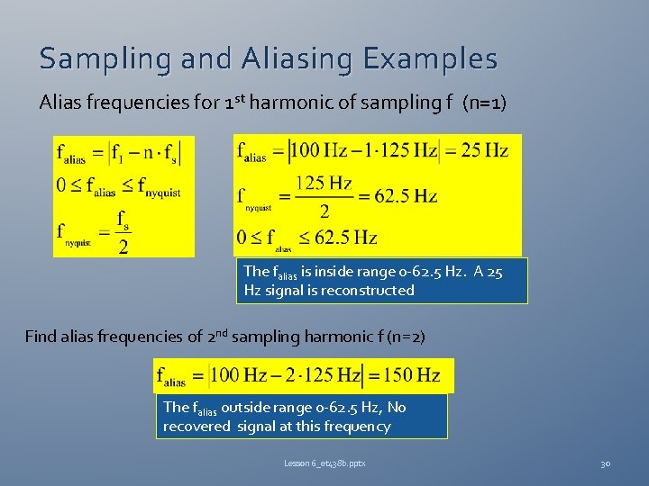 Sampling and Aliasing Examples Alias frequencies for 1 st harmonic of sampling f (n=1)