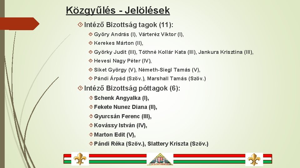 Közgyűlés - Jelölések Intéző Bizottság tagok (11): Győry András (I), Várteréz Viktor (I), Kerekes