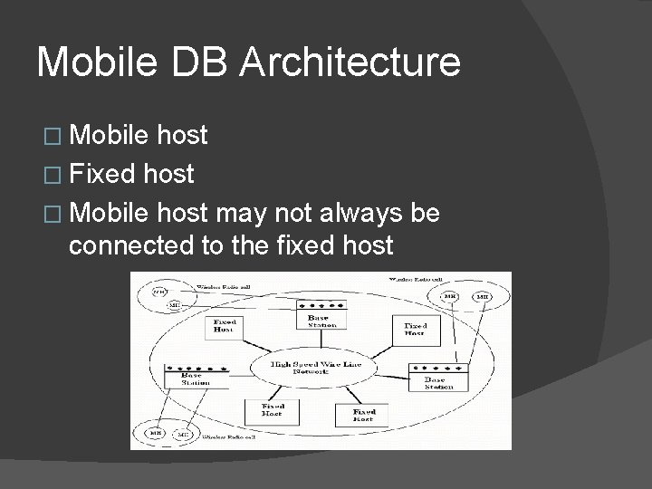 Mobile DB Architecture � Mobile host � Fixed host � Mobile host may not