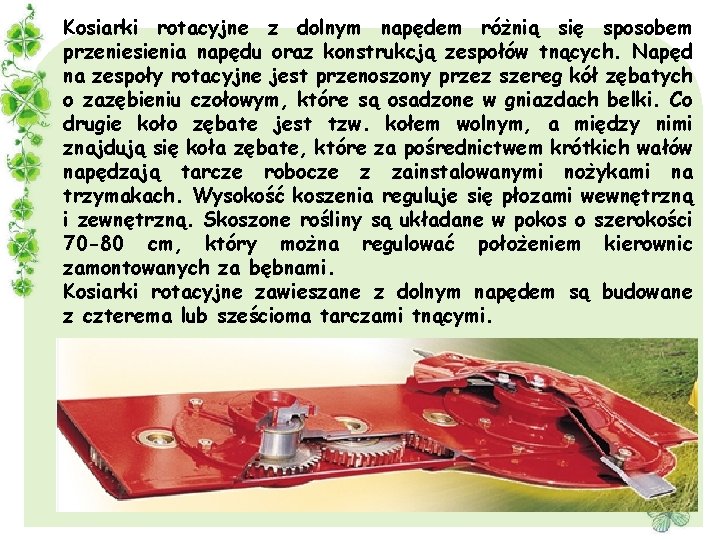 Kosiarki rotacyjne z dolnym napędem różnią się sposobem przeniesienia napędu oraz konstrukcją zespołów tnących.