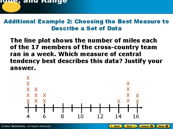 -1 Mode, and Range Additional Example 2: Choosing the Best Measure to Describe a