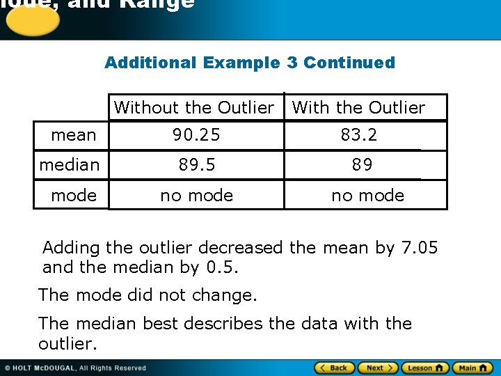 -1 Mode, and Range Additional Example 3 Continued Without the Outlier With the Outlier