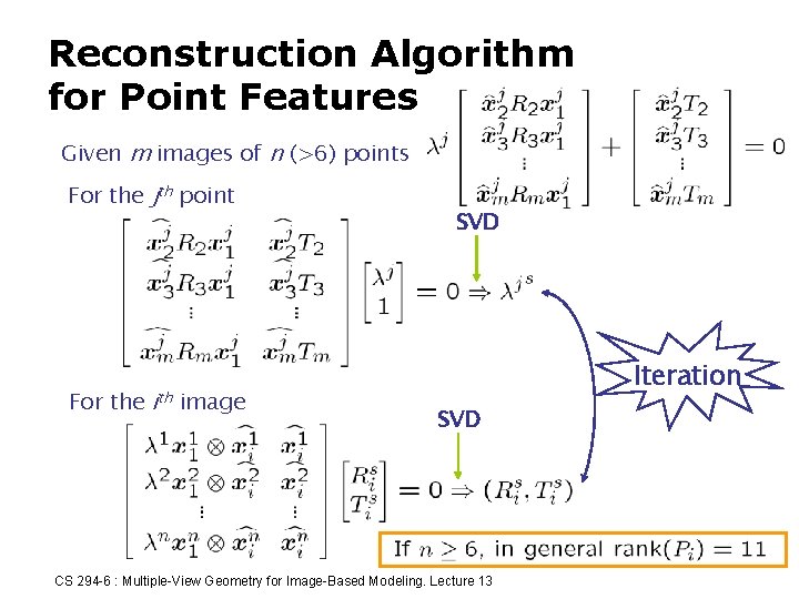 Reconstruction Algorithm for Point Features Given m images of n (>6) points For the