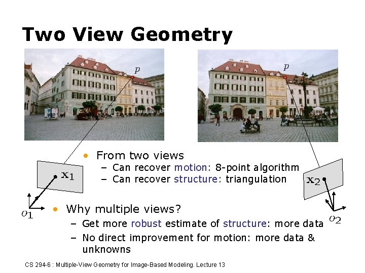 Two View Geometry • From two views – Can recover motion: 8 -point algorithm