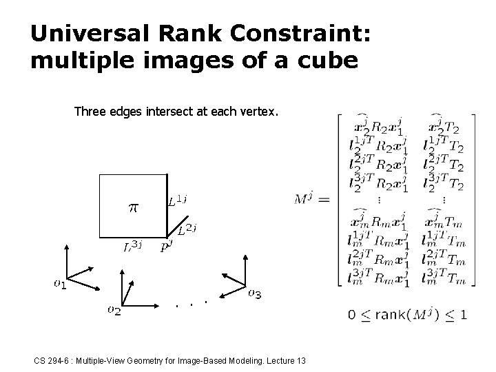 Universal Rank Constraint: multiple images of a cube Three edges intersect at each vertex.