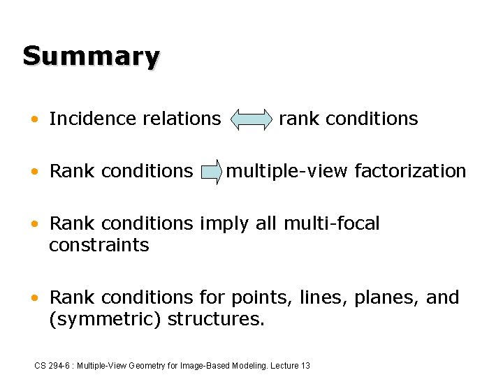 Summary • Incidence relations • Rank conditions rank conditions multiple-view factorization • Rank conditions