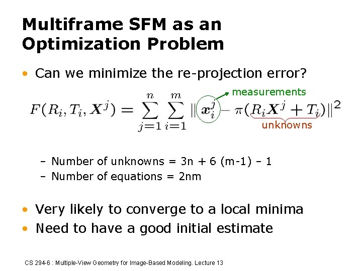 Multiframe SFM as an Optimization Problem • Can we minimize the re-projection error? measurements
