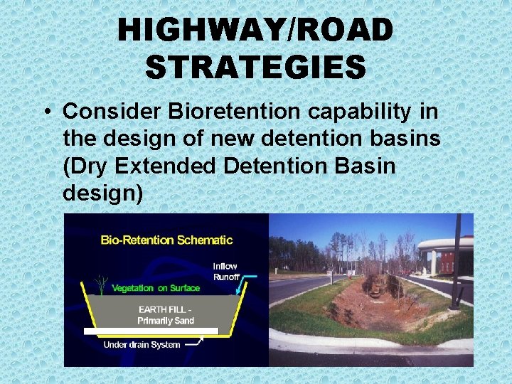 HIGHWAY/ROAD STRATEGIES • Consider Bioretention capability in the design of new detention basins (Dry