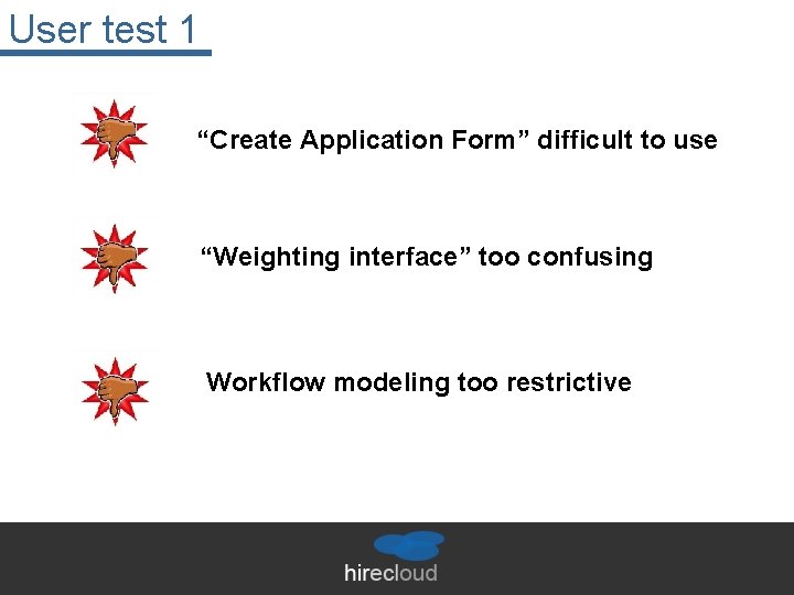 User test 1 “Create Application Form” difficult to use “Weighting interface” too confusing Workflow