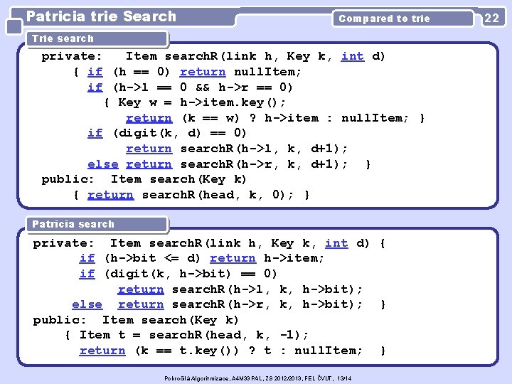 Patricia trie Search Compared to trie Trie search private: Item search. R(link h, Key