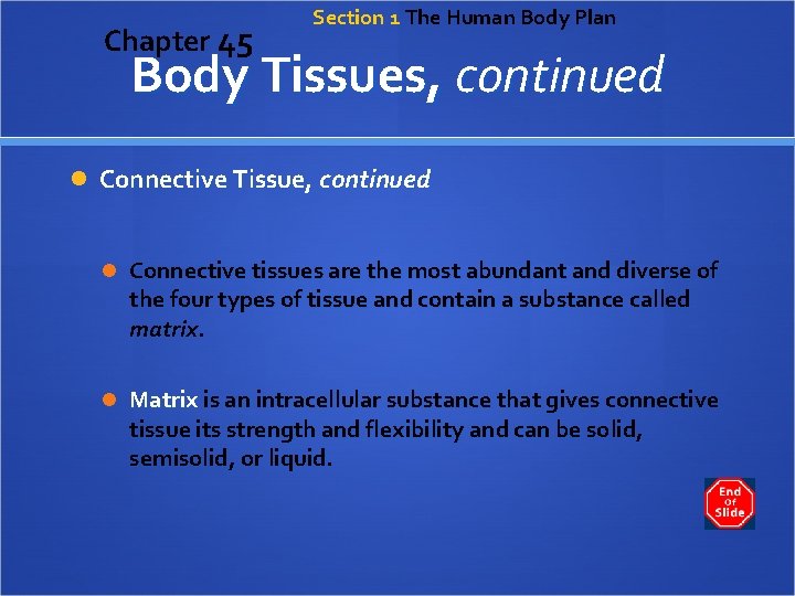 Chapter 45 Section 1 The Human Body Plan Body Tissues, continued Connective Tissue, continued