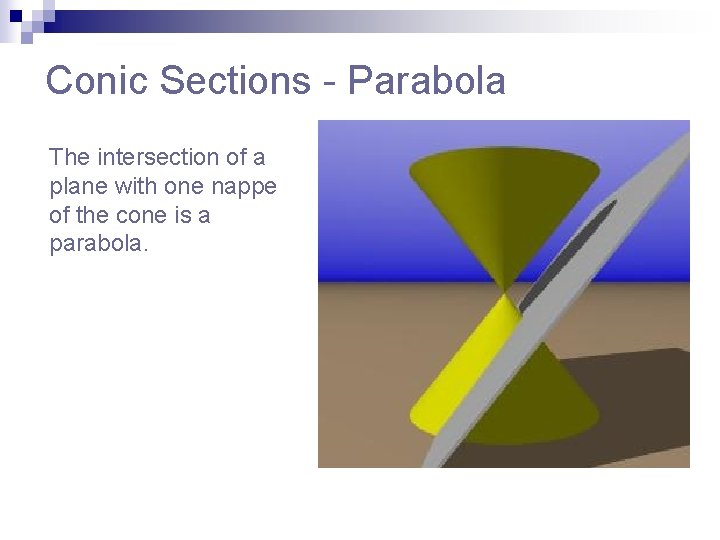 Conic Sections - Parabola The intersection of a plane with one nappe of the