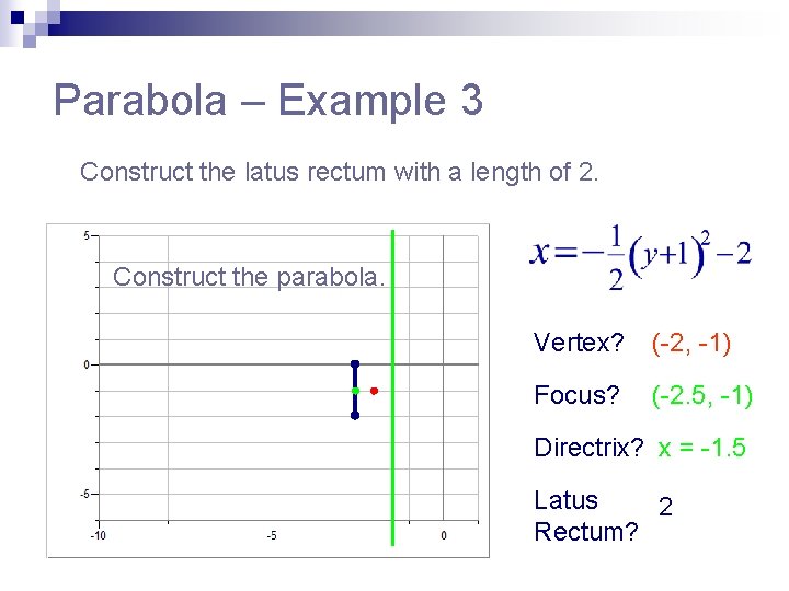 Parabola – Example 3 Construct the latus rectum with a length of 2. Construct