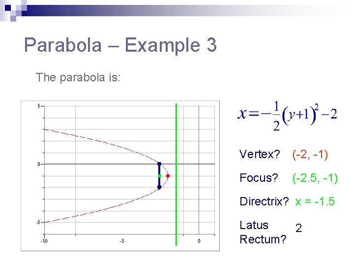 Parabola – Example 3 The parabola is: Vertex? (-2, -1) Focus? (-2. 5, -1)