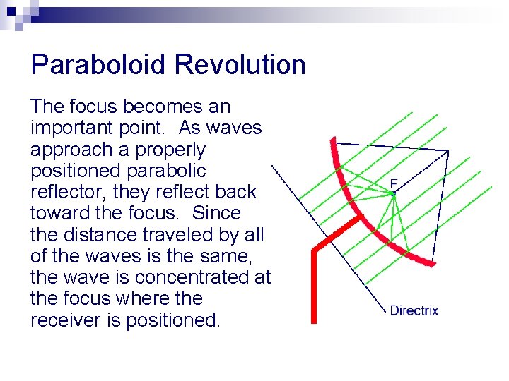 Paraboloid Revolution The focus becomes an important point. As waves approach a properly positioned