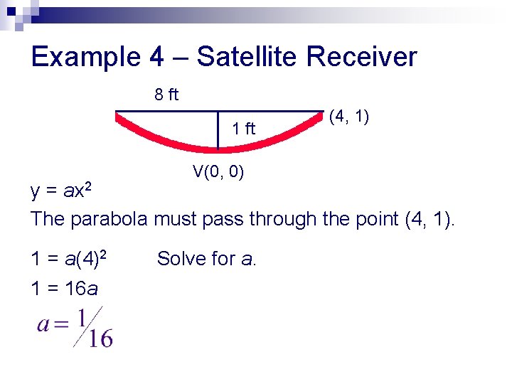 Example 4 – Satellite Receiver 8 ft 1 ft V(0, 0) (4, 1) y