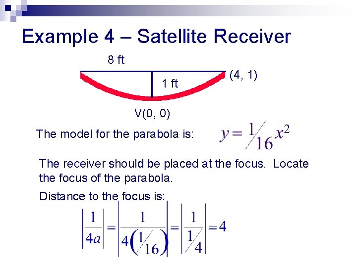 Example 4 – Satellite Receiver 8 ft 1 ft (4, 1) V(0, 0) The