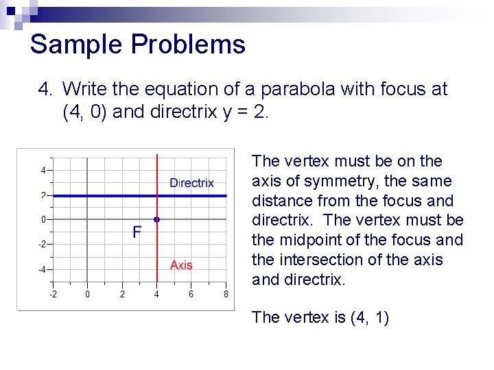 Sample Problems 4. Write the equation of a parabola with focus at (4, 0)