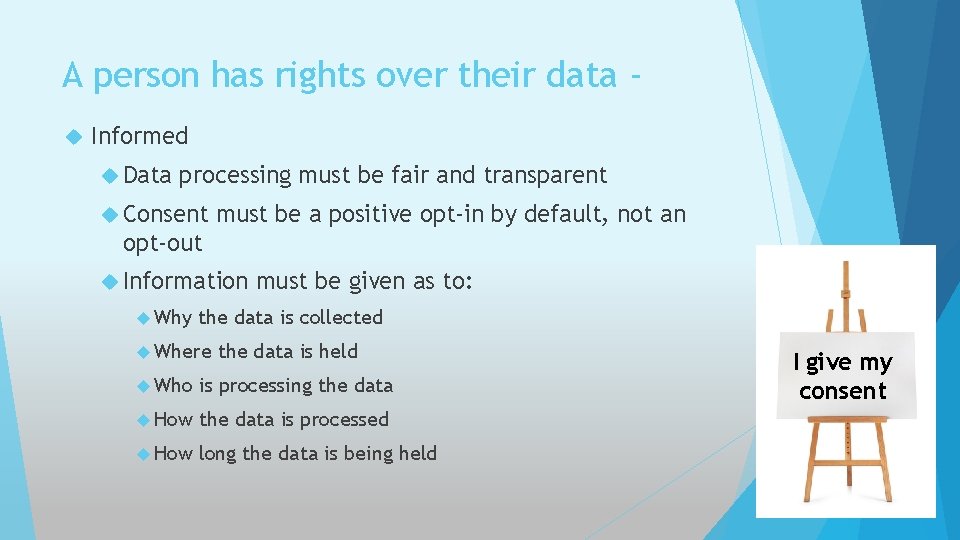 A person has rights over their data Informed Data processing must be fair and