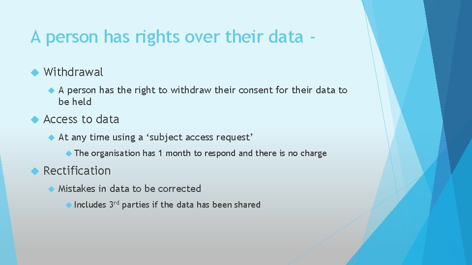 A person has rights over their data Withdrawal A person has the right to
