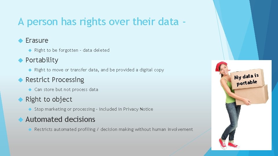 A person has rights over their data Erasure Portability Right to move or transfer