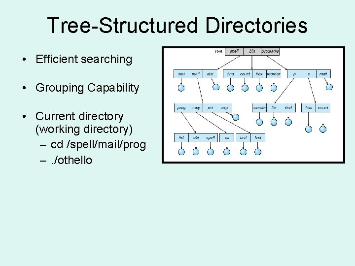 Tree-Structured Directories • Efficient searching • Grouping Capability • Current directory (working directory) –