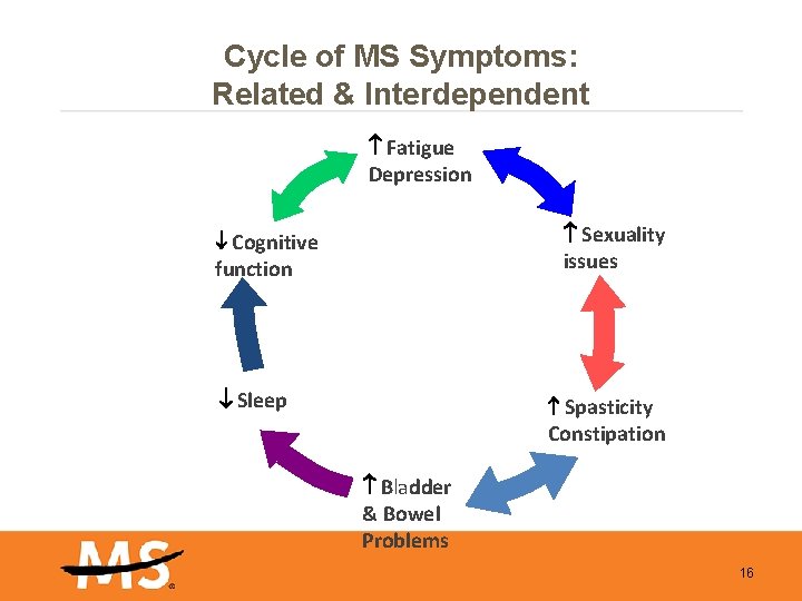 Cycle of MS Symptoms: Related & Interdependent Fatigue Depression Sexuality issues Cognitive function Sleep