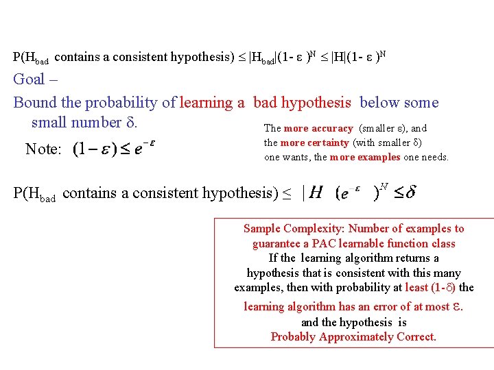 P(Hbad contains a consistent hypothesis) |Hbad|(1 - ε )N |H|(1 - ε )N Goal