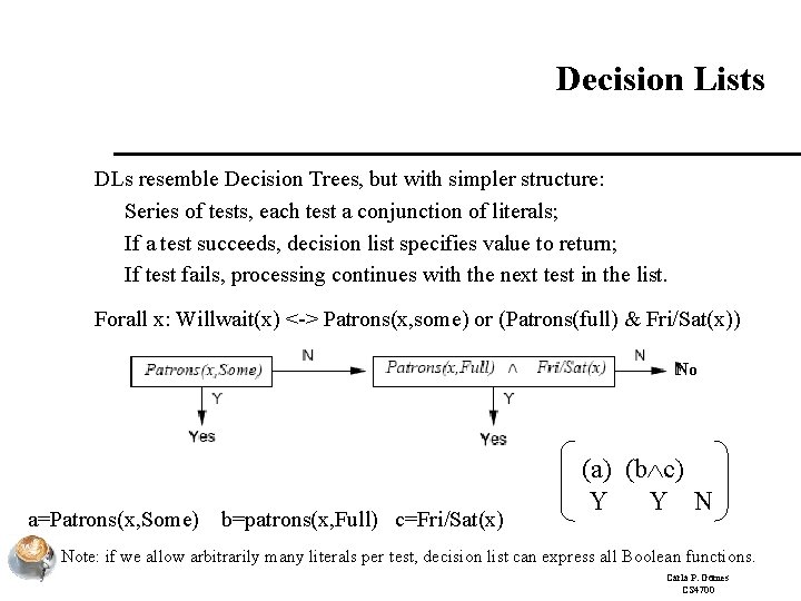 Decision Lists DLs resemble Decision Trees, but with simpler structure: Series of tests, each